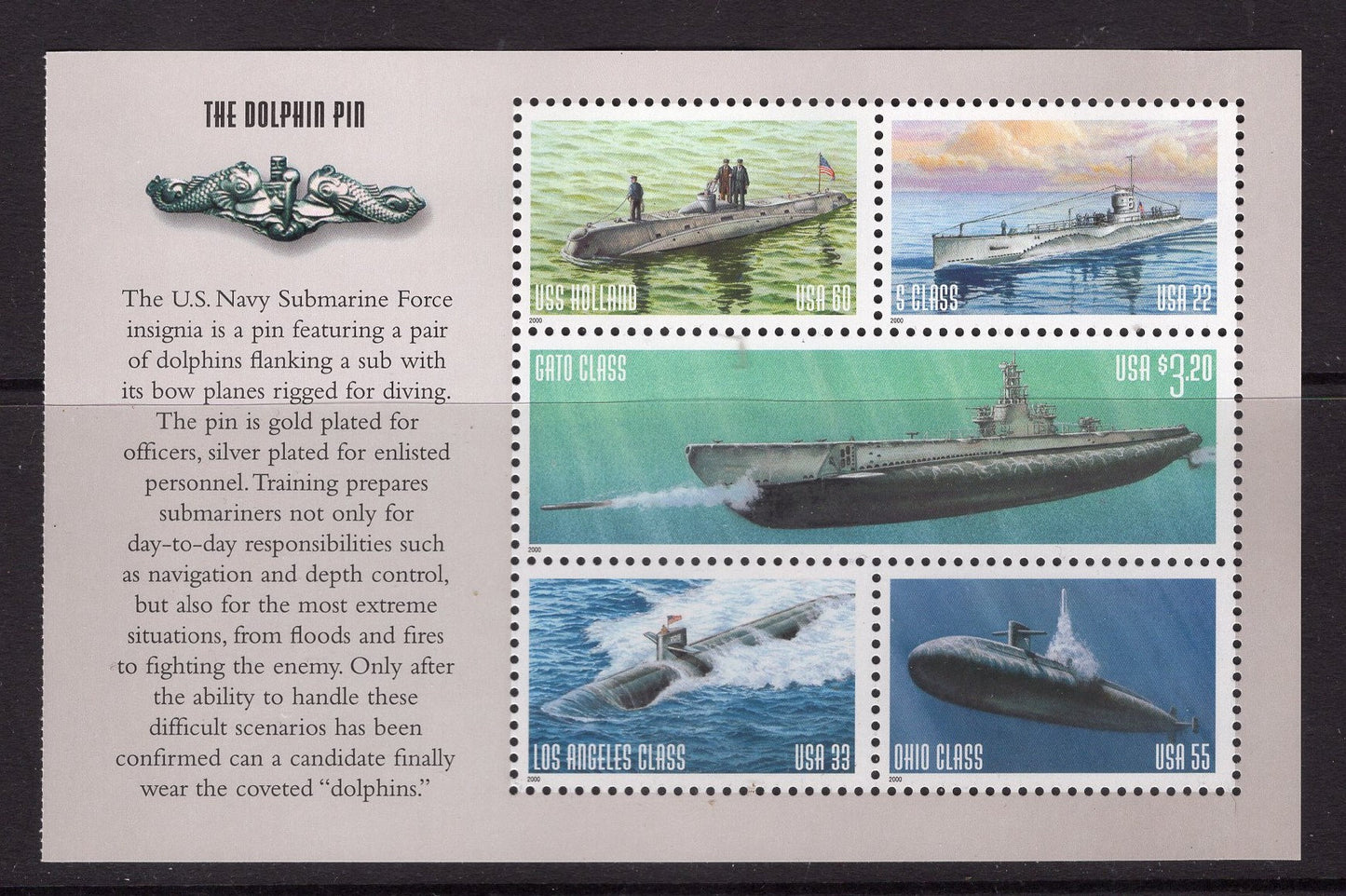 5 SUBMARINE USA Stamps in Block (2 different blocks exist) - Unused, Post Office Fresh - Issued in 2000 - s3373+ -