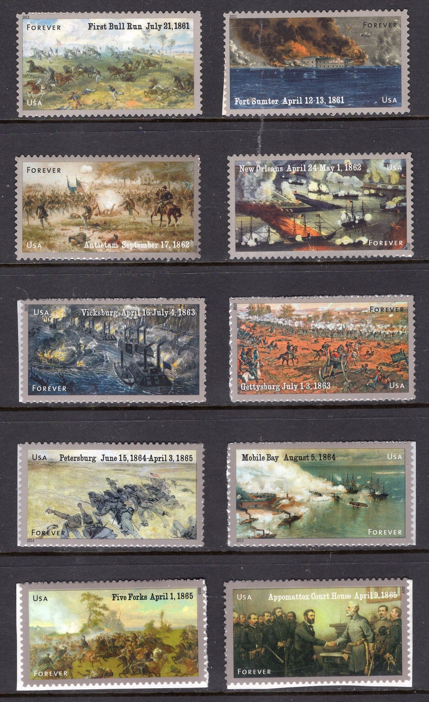 10 CIVIL WAR Complete Anniversary Collection Unused Fresh Bright US Postage Stamps - Issued in 2011-15 - s4522//4981-