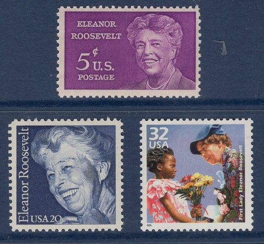 3 ELEANOR ROOSEVELT Unused nh Fresh Bright US Postage Stamps - Issued in 1963 1984 1999 - s1236 2105 3185d -