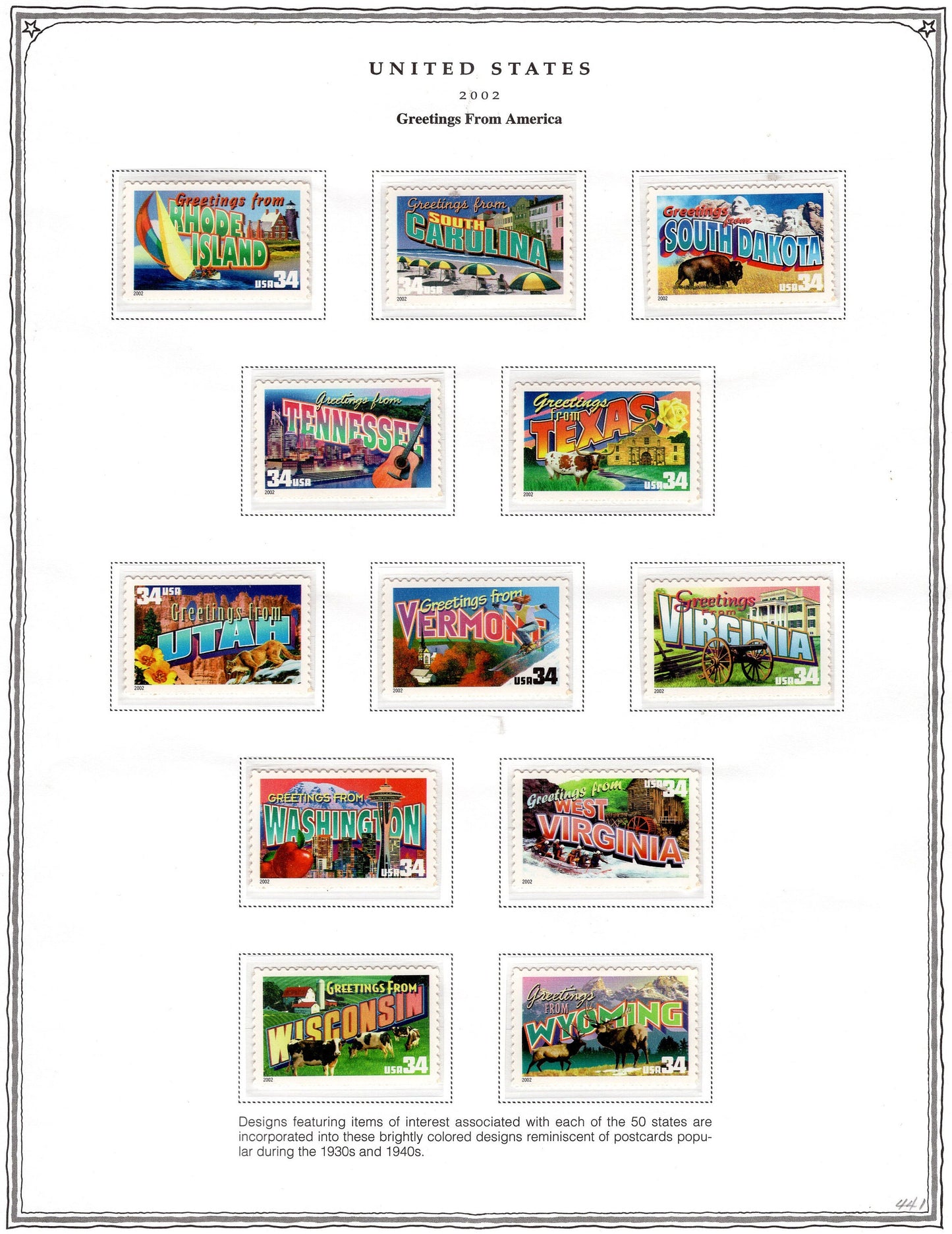 50 AMERICAN GREETINGS 34c Postcard Style Unused Fresh USA Postage Stamps - Issued in 2002 - s3561