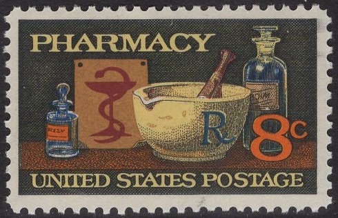10 PHARMACY MORTAR PESTLE Chemistry Unused Fresh Bright USA Postage Stamps – Quantity Available - Issued in 1972 - s1473 -