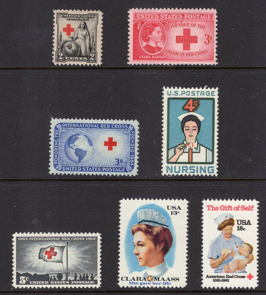 1 NURSING Basic RED CROSS 7 Stamp Collection - Barton Maas Bright, fresh mint USA Postage Stamps - 1931-81 s702//1910-