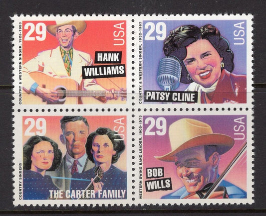 1 CLINE WILLIAMS CARTER Wills Country Music Legends Block of 4 Mint Unused USA Postage Stamps - Issued in 1993 - s2771 -