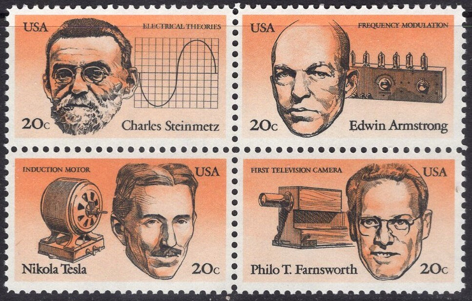 12 SCIENTISTS TESLA STEINMETZ Armstrong Television Camera Unused Fresh USA Postage Stamps - Issued in 1983  - s2055 -