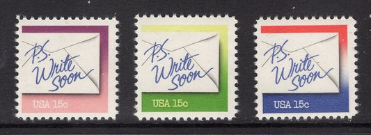 10 P.S. WRITE SOON (red green purple) Letter Bright, fresh mint US Postage Stamps - Issued in 1980 - s1806/10 -