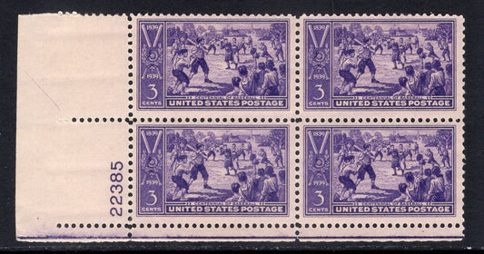 1 BASEBALL PLATE BLOCK of 4 - Bright USA Postage Stamps - Issued in 1939 - s855 pb -