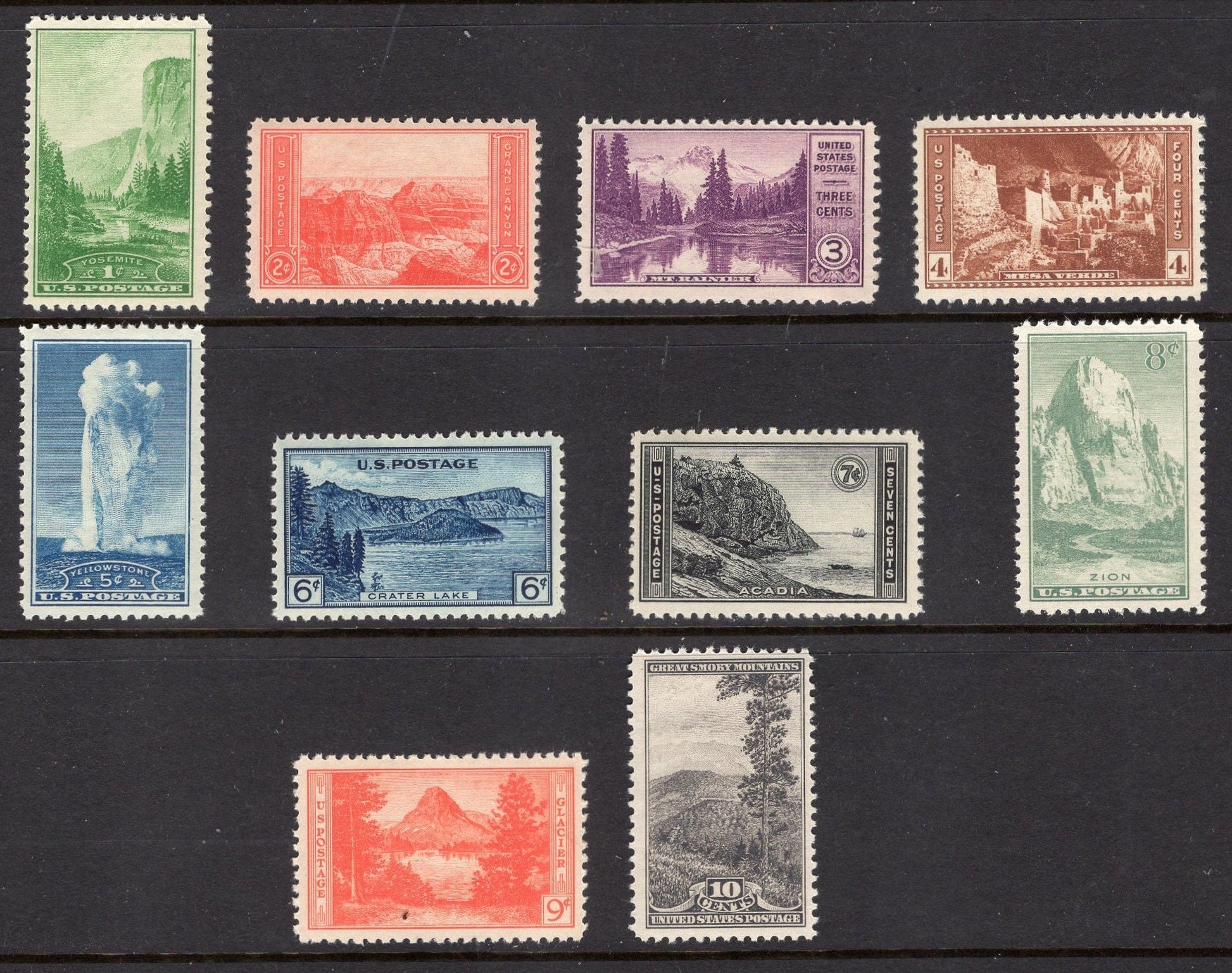 10 NATIONAL PARKS Stamps Yosemite Grand Canyon Rainier Yellowstone Glacier Bright, Fresh - Issued in 1934 s740 -