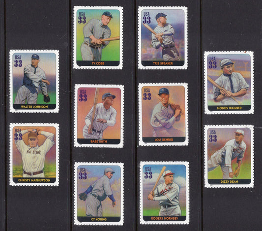 10 BASEBALL HALL of FAME Classic Players Ruth Cobb Young ++ Unused Fresh USA Postage Stamps - Issued in 2000 - s3408 -