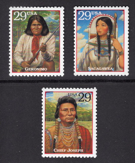3 NATIVE AMERCAN INDIANS Geronimo Sacagawea Chief Joseph Fresh Mint Unused USA Postage Stamps - Issued in 1994 - s2869fms