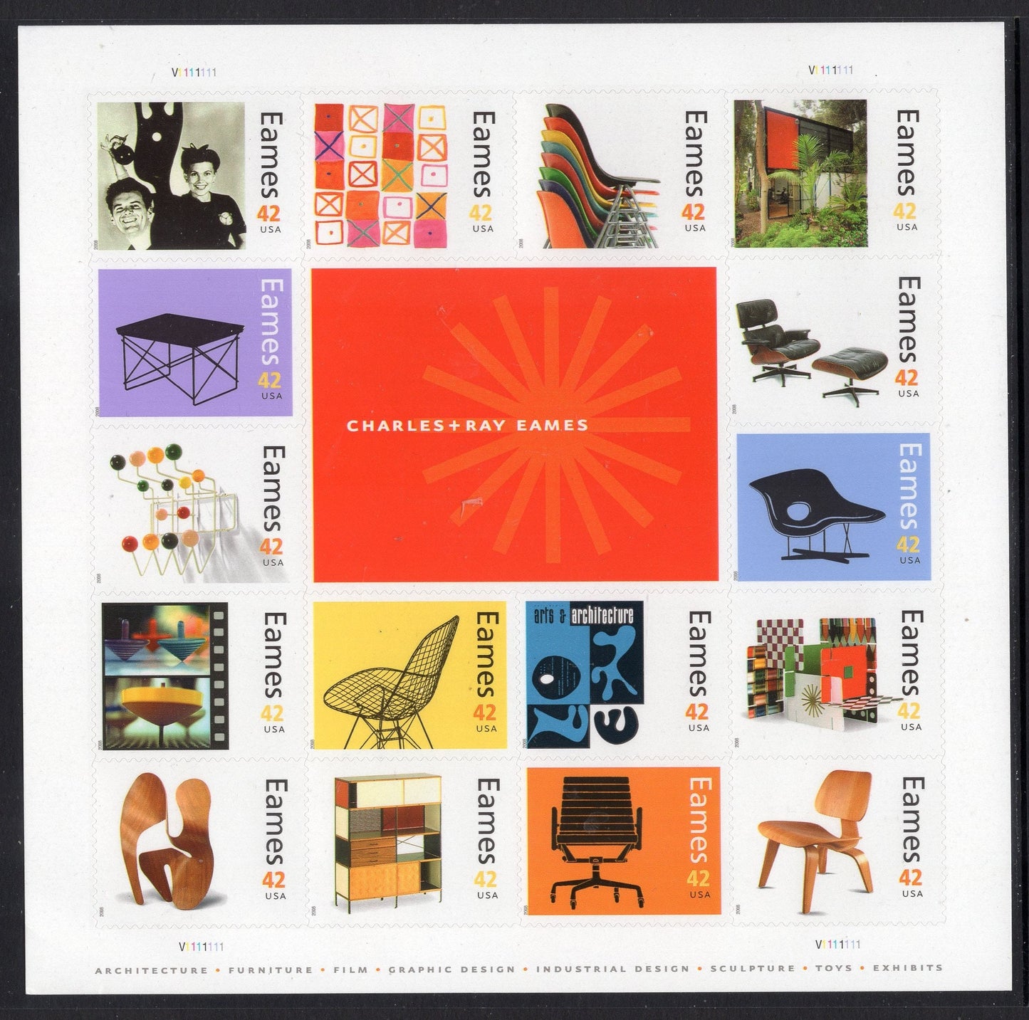 EAMES CHARLES and RAY Design Chairs Art Sheet of 16 Bright Unused USA Postage Stamps - Issued in 2008 - s4333SH -