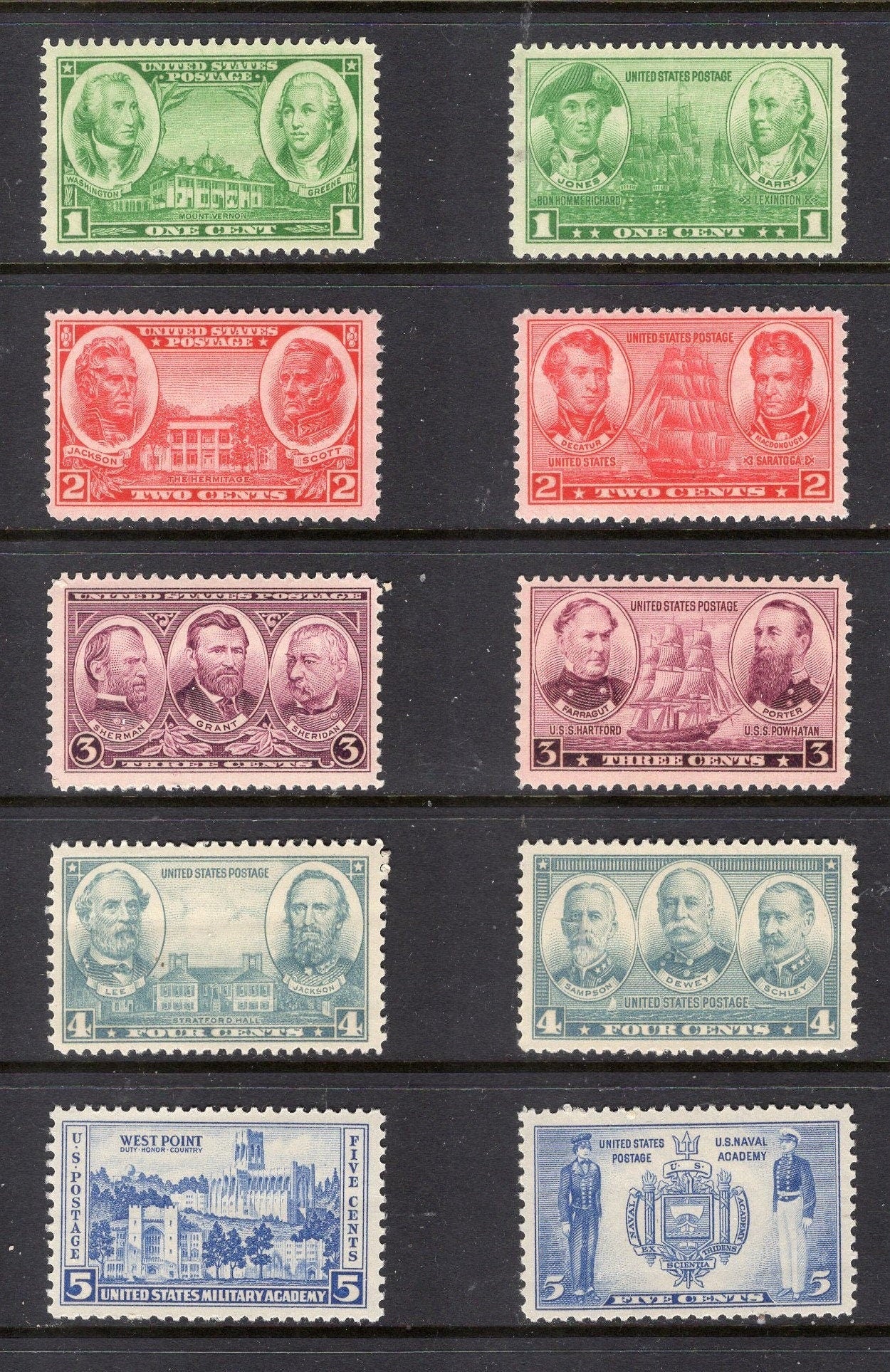 10 ARMY NAVY ACADEMY Grant Lee 1936-1937 Unused Fresh, Bright USA Postage Stamps - Issued in 1930's - s785-94 -