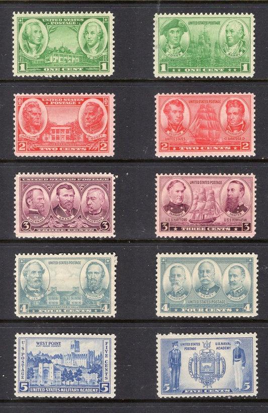 10 ARMY NAVY ACADEMY Grant Lee 1936-1937 Unused Fresh, Bright USA Postage Stamps - Issued in 1930's - s785-94 -