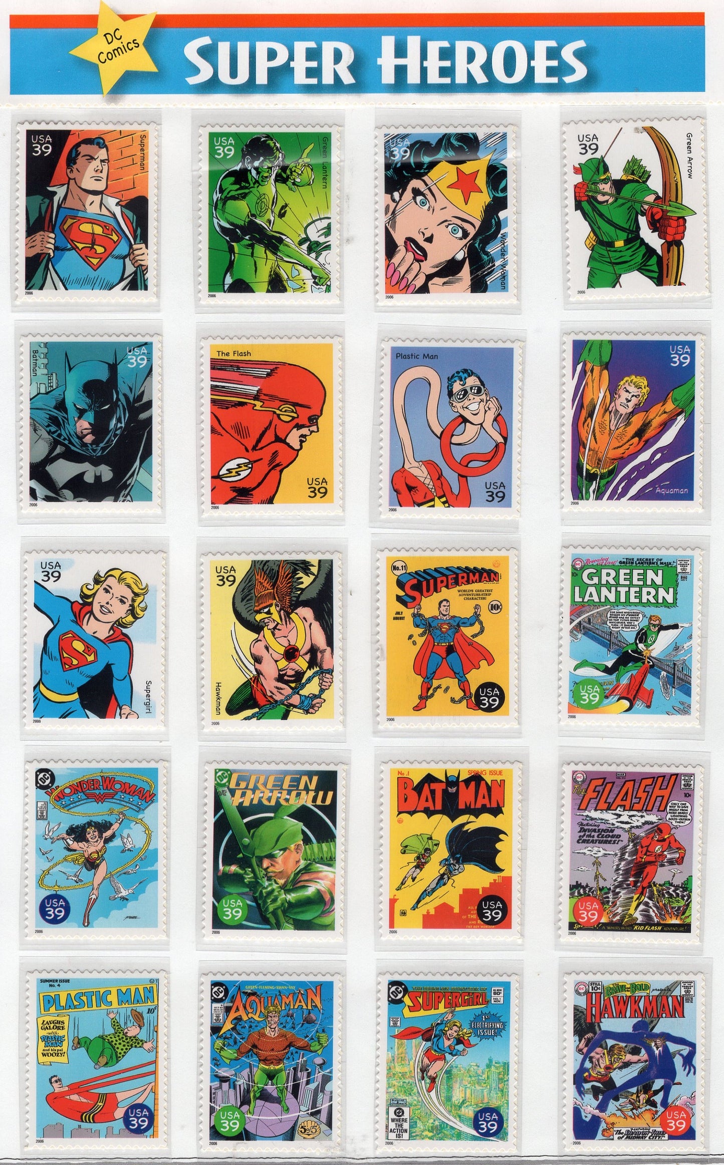 SUPER HEROES by DC COMICs SUPERMAn Sheet of 20 USA Postage Stamps - Quantity Available - Issued in 2006 - s4084 -