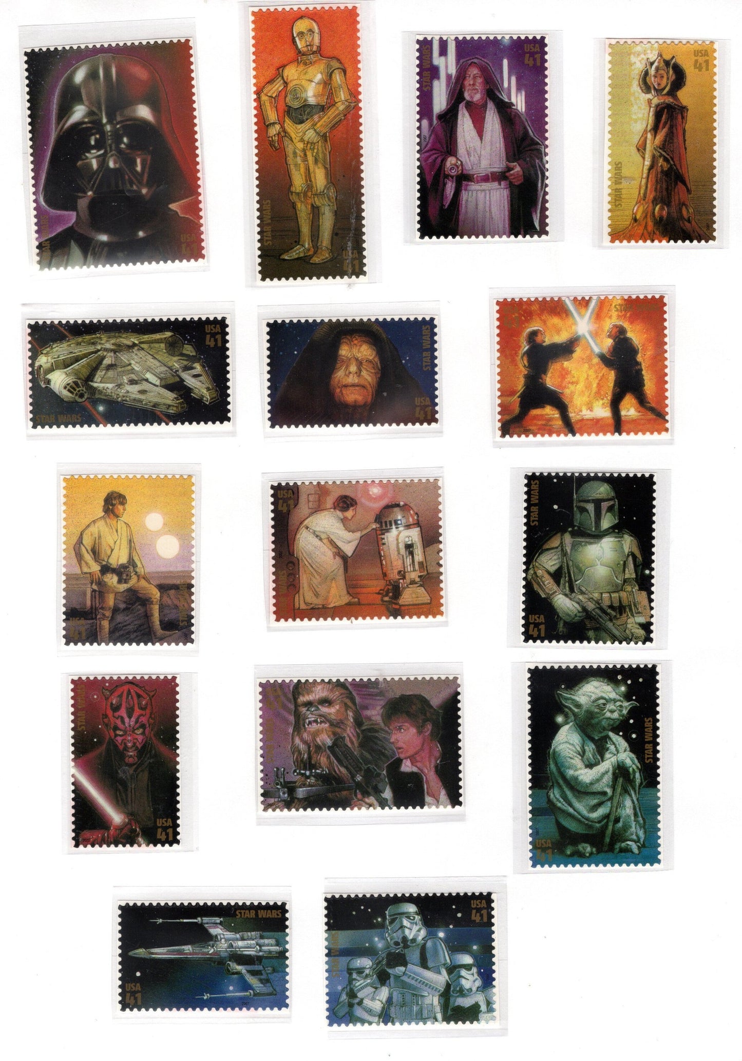 15 STAR WARS ANNIVERSARY Stamps inc YODa Fresh Bright USA Stamps - Quantity Available - Issued in 2007 - s4143a -
