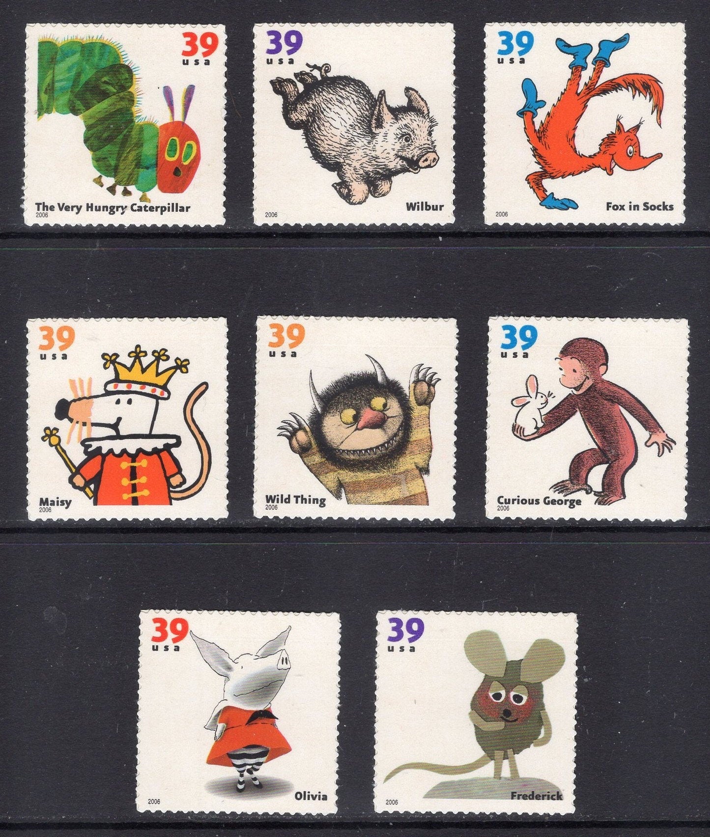 8 CHILDREN'S BOOK ANIMALS inc Curious George Unused Fresh USA Postage Stamps - Quantity Available - Issued in 2006 - s3987 -
