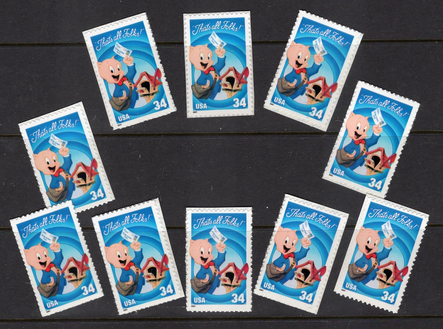 10 PORKY PIG LOONEY Tunes Stamps Mailbox Bright, Bright Unused USA Postage Stamps - Issued in 2001 - s3534 -