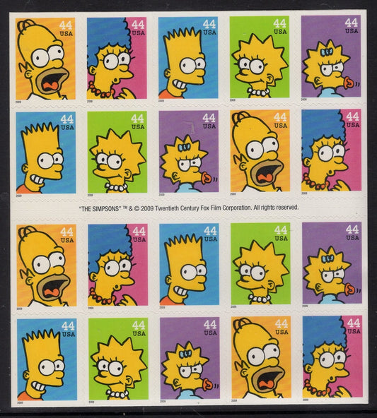 1 SIMPSONS SHEET of 20 - 4 Rows x5 Unused Fresh Simpson USA Postage Stamps – Quantity Available - Issued in 2009 - s4399 -