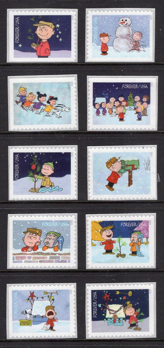 10 CHARLIE BROWN CHRISTMAS Different Peanuts SINGLEs Postage Stamps Unused P O Fresh - Issued in 2015 s5021-30 -