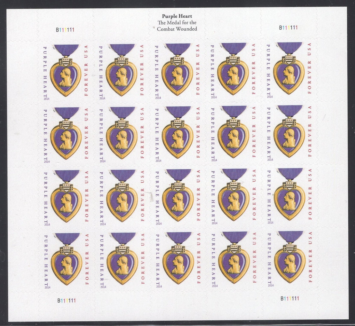 PURPLE HEART 2014 WAR Sheet of 20 with 2014 Inscription USA Postage Stamps – Quantity Available Issued in 2014  - s4704b -