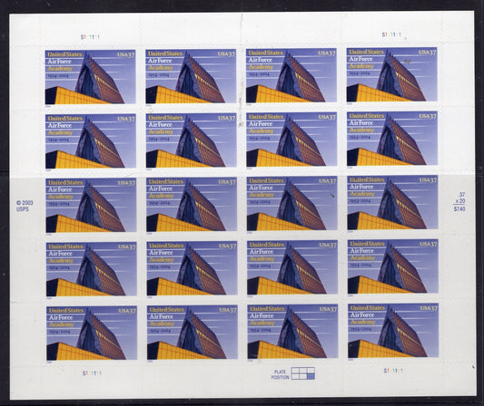 AIR FORCE ACADEMY Sheet of 20 Cadet Chapel 3-D - Quantity Available - 37c Postage Stamps Bright Fresh Issued in 2004 s3838 -