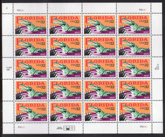 FLORIDA GATOR ALLIGATOR Statehood Sheet of 20 USA Stamps - Unused, Fresh, Bright Post Office - Issued in 1995 - s2950 M -