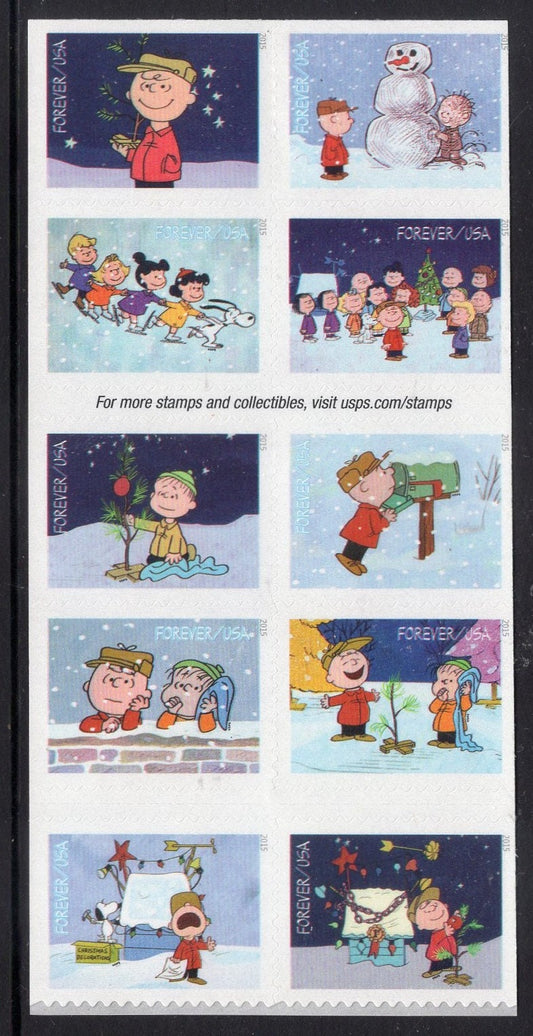 10 CHARLIE BROWN CHRISTMAS Different Peanuts Stamps in Block of 10 - Bright, Unused Fresh s5021-30