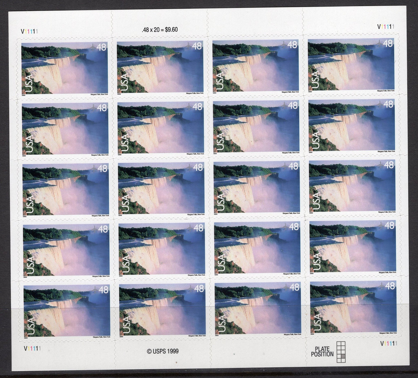 NIAGARA FALLS NY Sheet of 20 Scenic USA Landscapes Stamps - Unused, Fresh, Bright Post Office - Issued in 1999 - sC133 M -