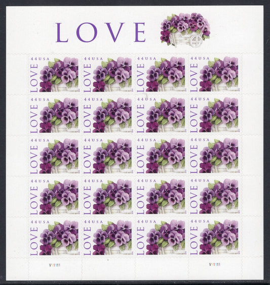 LOVE PANSIES in a BASKET Pansy Decorative Sheet of 20 Stamps - Unused, Fresh, Bright - Issued in 2010 - s4450 M -