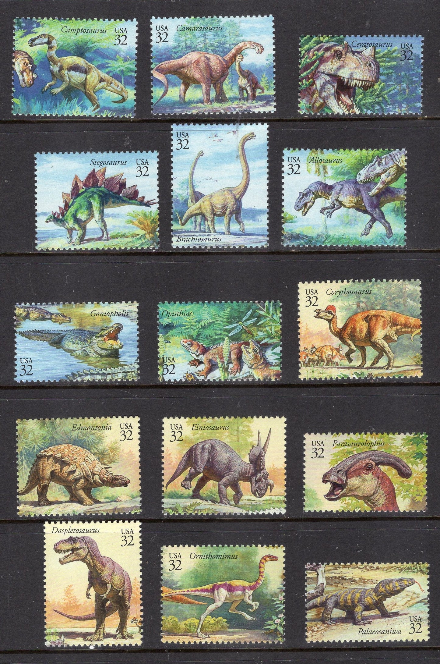 15 DINOSAUR USA STAMPS Depicting the World of Dinosaurs - Unused, Fresh, Bright Stamps - Issued in 1997  - s3136a-o -