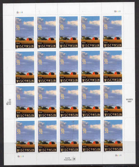 WISCONSIN STATEHOOD FARM Scene Red Barn Cloud Sheet of 20 - Fresh Bright Stamps - Issued in 1998  - s3206-
