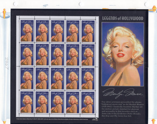 MARILYN MONROE DECORATIVE Sheet of 20 USA Stamps - Unused, Bright and Post Office Fresh - Issued in 1995 - s2967 -