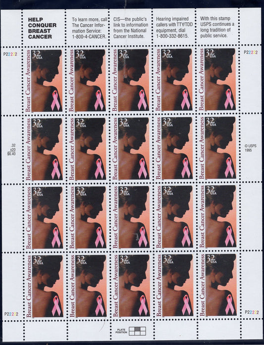 BREAST CANCER AWARENESS with Tabs Sheet of 20 USA Stamps - Unused, Fresh, Bright Post Office - Issued in 1996 - s3081 M -