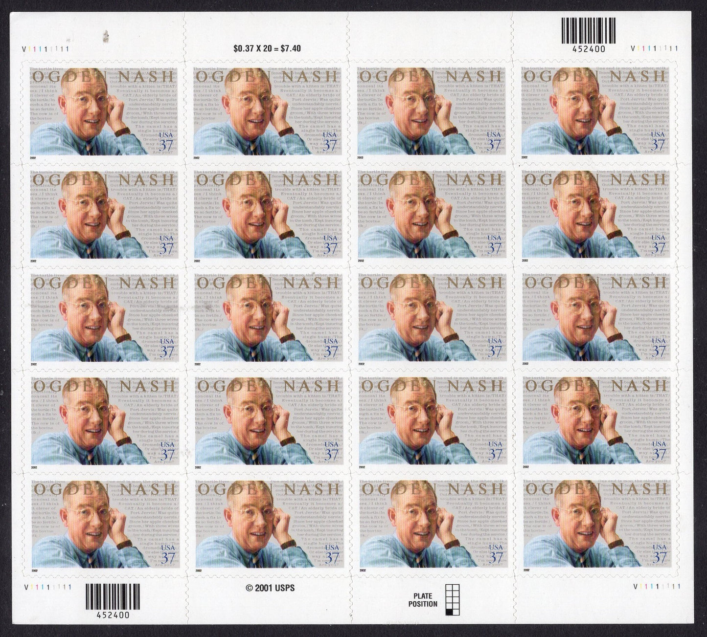 OGDEN NASH HUMORIST 37c Sheet of 20 Stamps - Mint, Bright and Post Office Fresh - Issued in 2002 - s3659 -