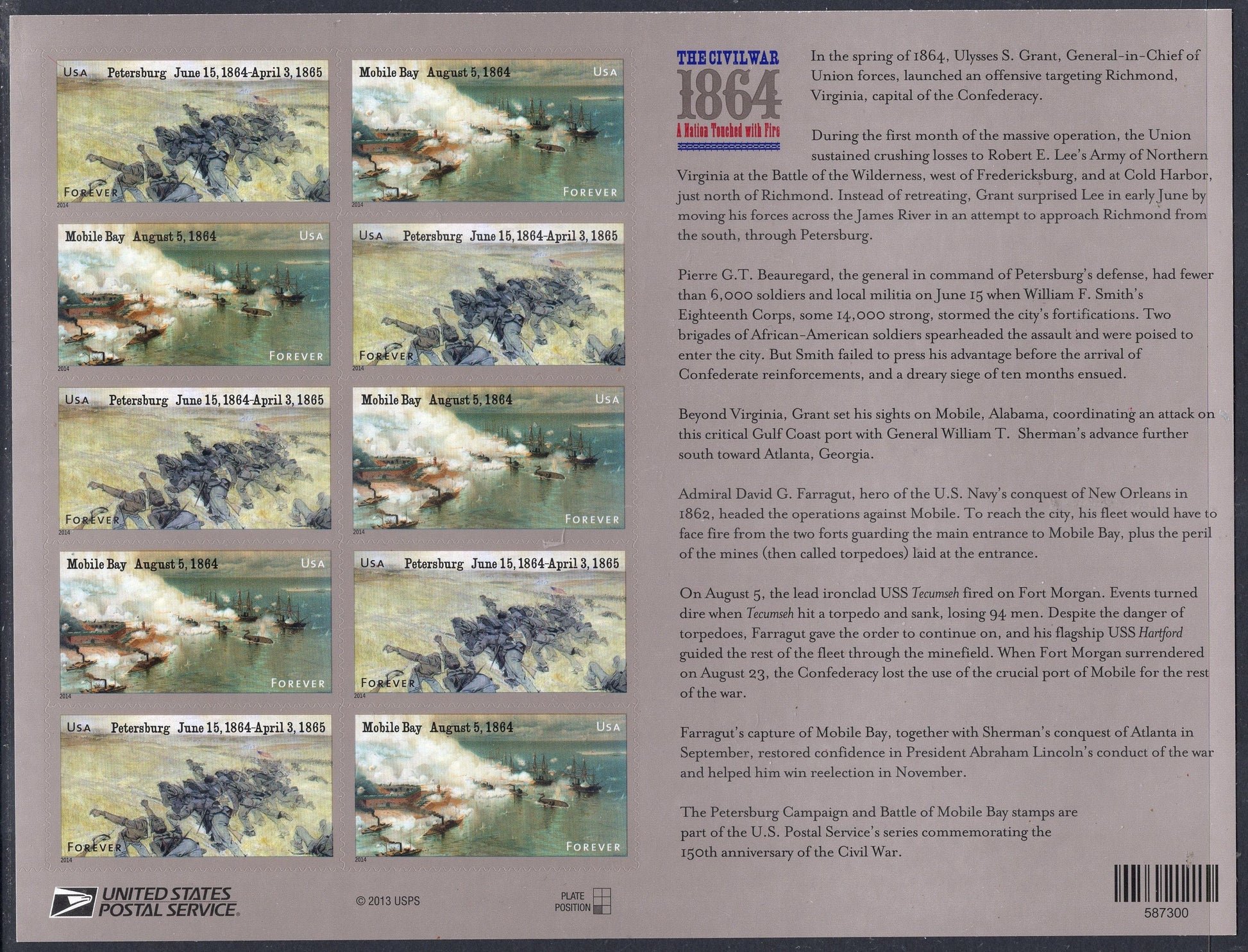 CIVIL WAR 2014 ANNIVERSARY Sheet of 12 Stamps Petersburg Battle Mobile Bay - Mint Bright Fresh - s4910 -