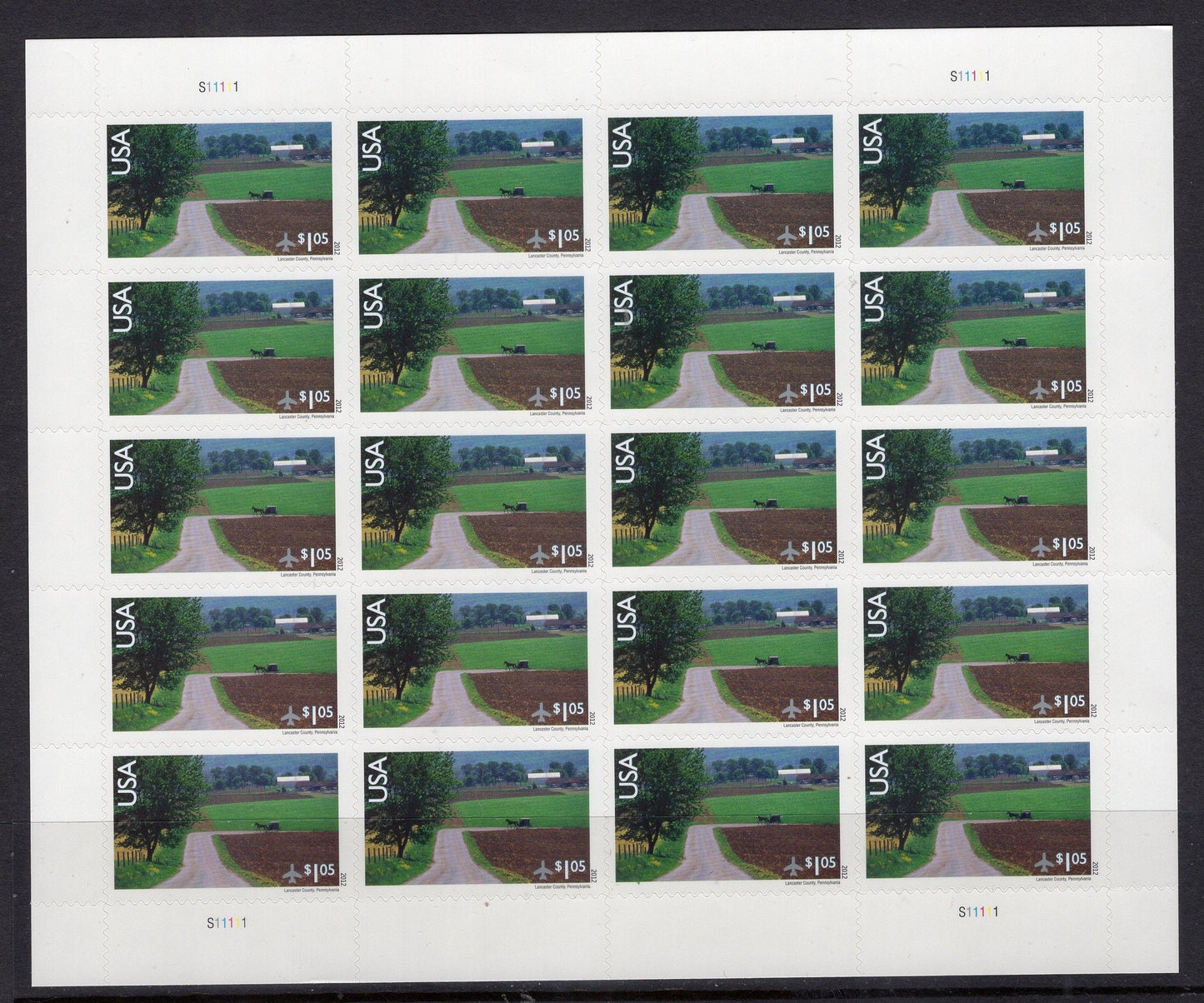 AMISH LANCASTER PA Horse Buggy Sheet of 20 Scenic Landscape Stamps Fresh, Bright Post Office - Issued in 2012 - sC150 M -