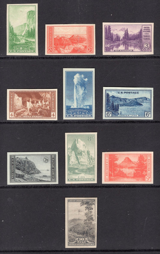 10 NATIONAL PARKS Stamps Specially Issued in w/o Perforations Yosemite Grand Canyon Rainier Yellowstone Glacier - Issued in 1935 -#756 