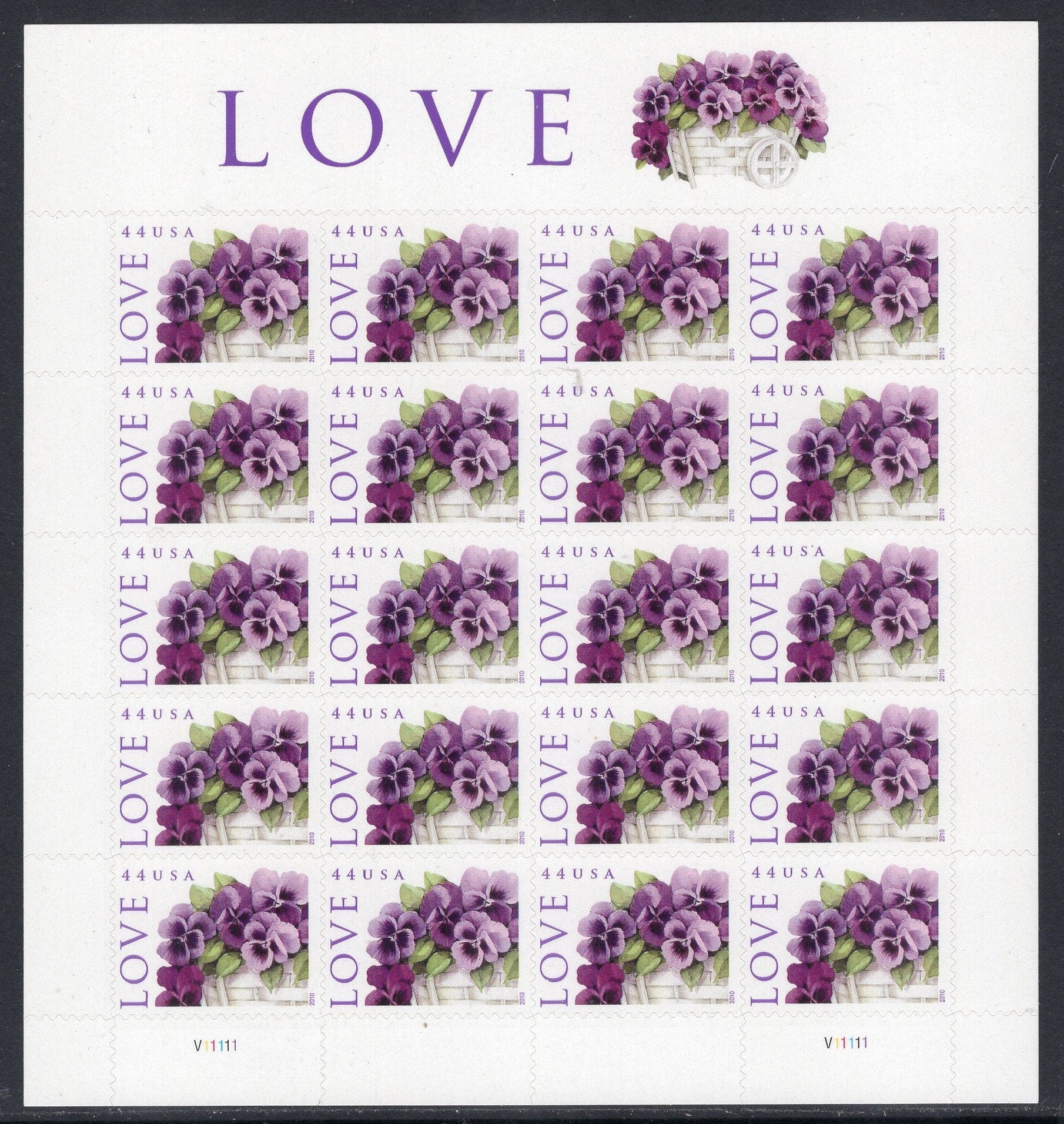 LOVE - PANSIES in a BASKET Pansy 44c Decorative Sheet of 20 -Great for Weddings Flowers Fresh Bright- Issued in 2010  - s4450-