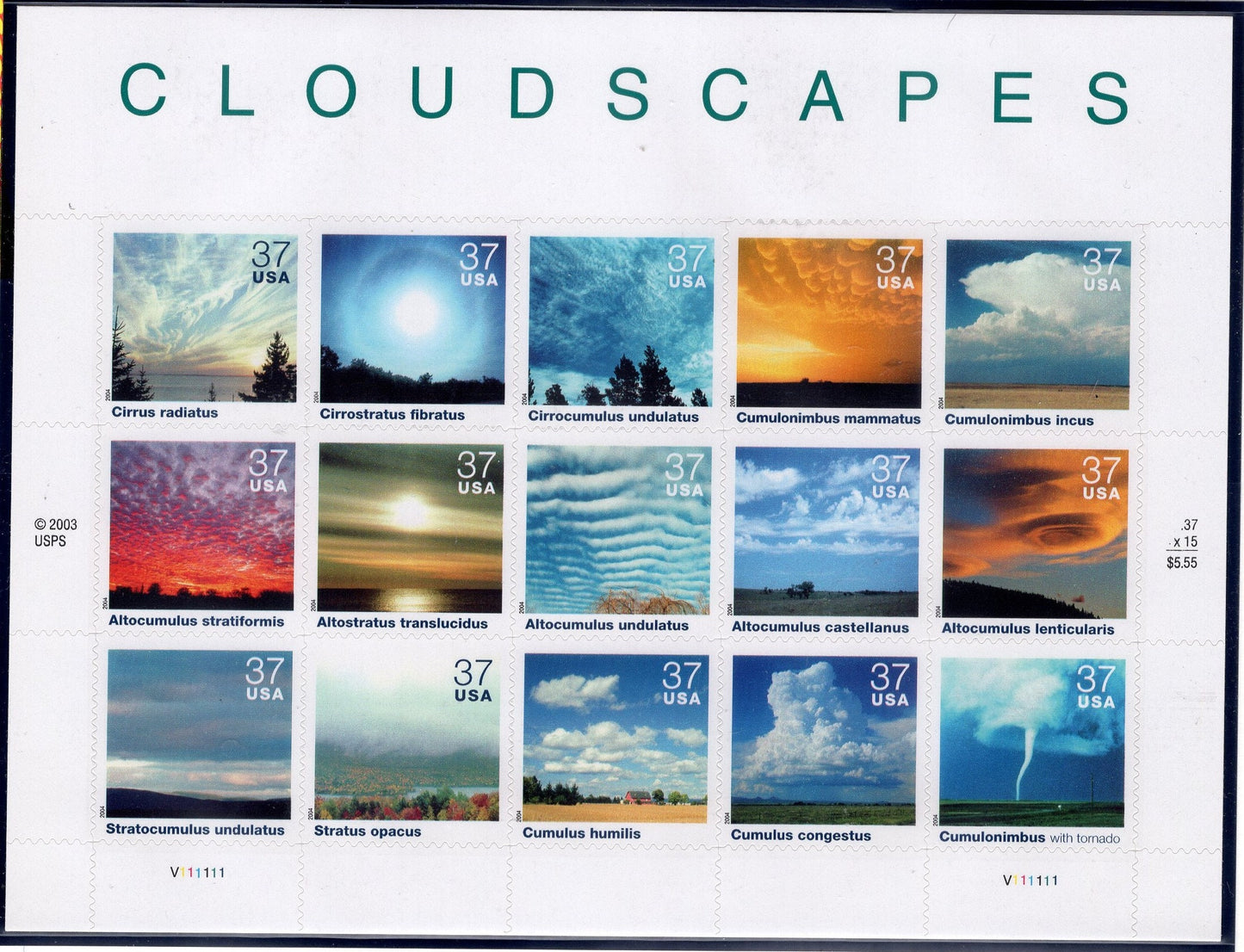 15 CLOUDSCAPES CLOUDS DECORATIVE Sheet of 15 Stamps Nature Sky Puffy Cumulus Nimbus Tornado - s3878 -