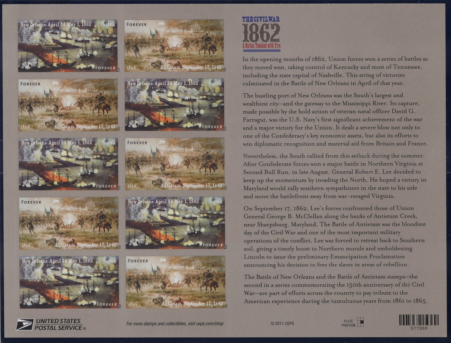 CIVIL WAR 2012 ANNIVERSARY Sheet of 12 Stamps New Orleans Battle Antietam Battle - Mint Bright Fresh - s4664 -