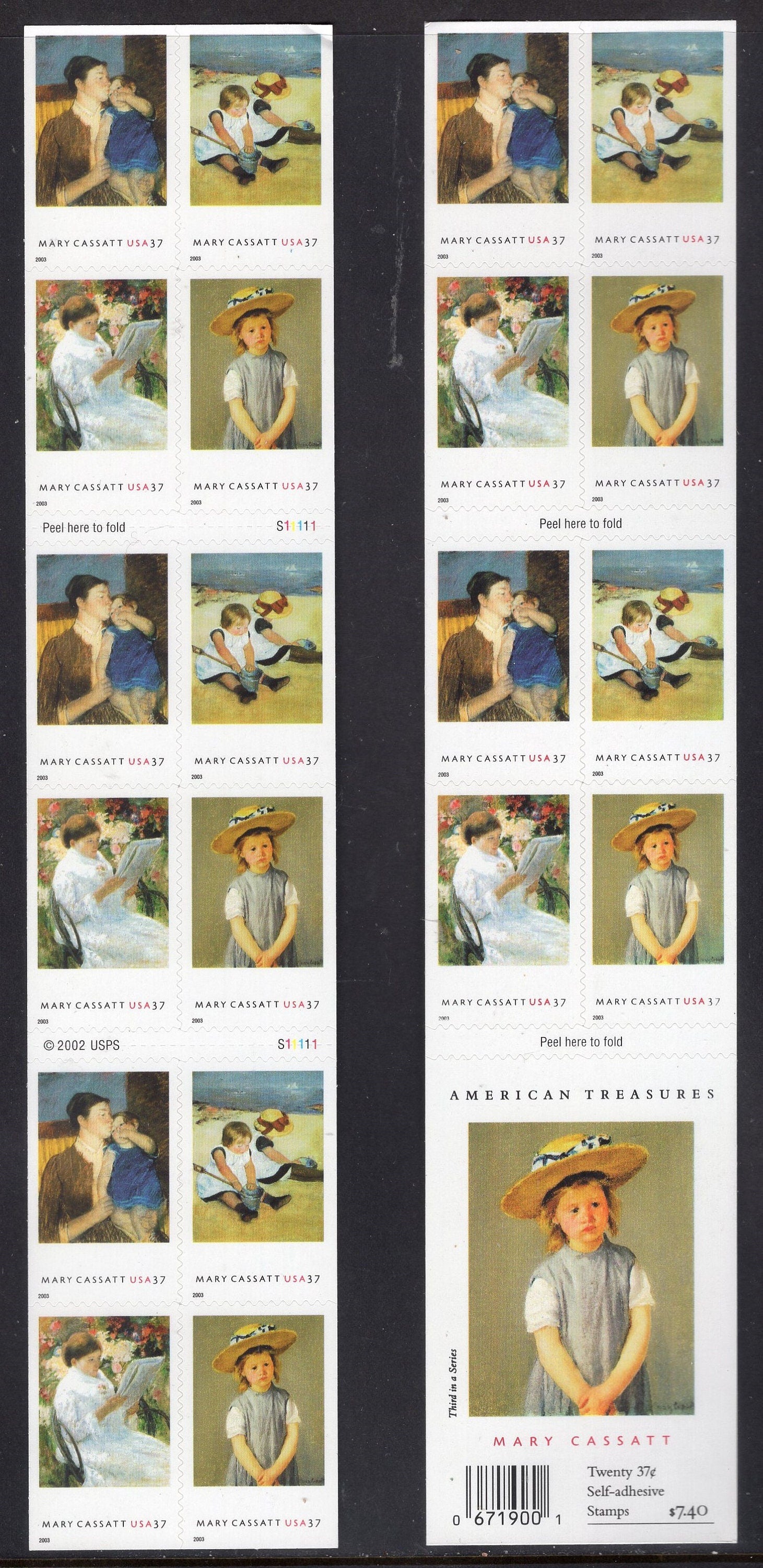 MARY CASSATT PAINTER Booklet of 20 Stamps Young Mother-Children Playing-Balcony-Child Straw Hat- Issued in 2003 - s3804 B -