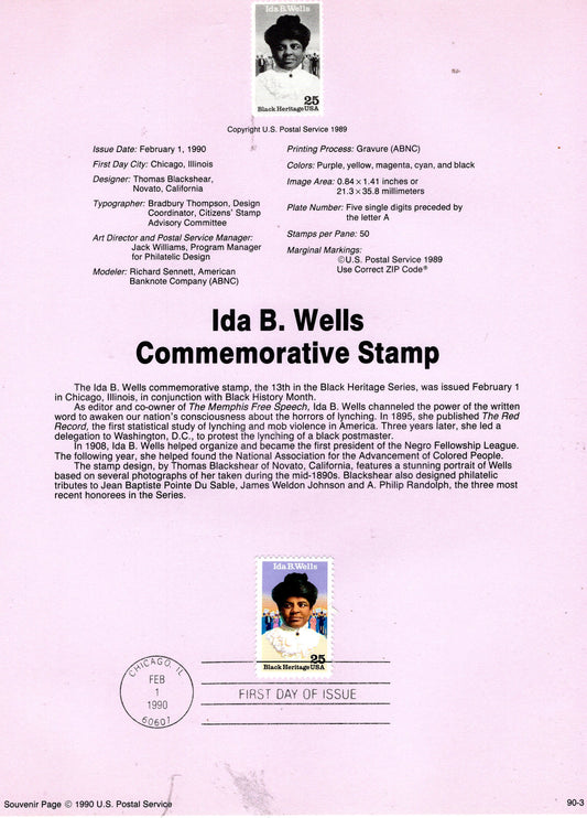 IDA B. WELLS Journalist Civil Rights Black Heritage Official Souvenir Page Stamp First Day + Text - Issued in 1990 - s2442 -