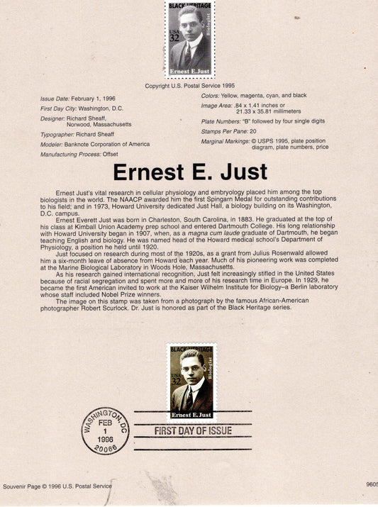 ERNEST E. JUST Marine Biologist Black Heritage Official USPS Souvenir Page Stamp First Day + Text - Issued in 1996 - s3058 -