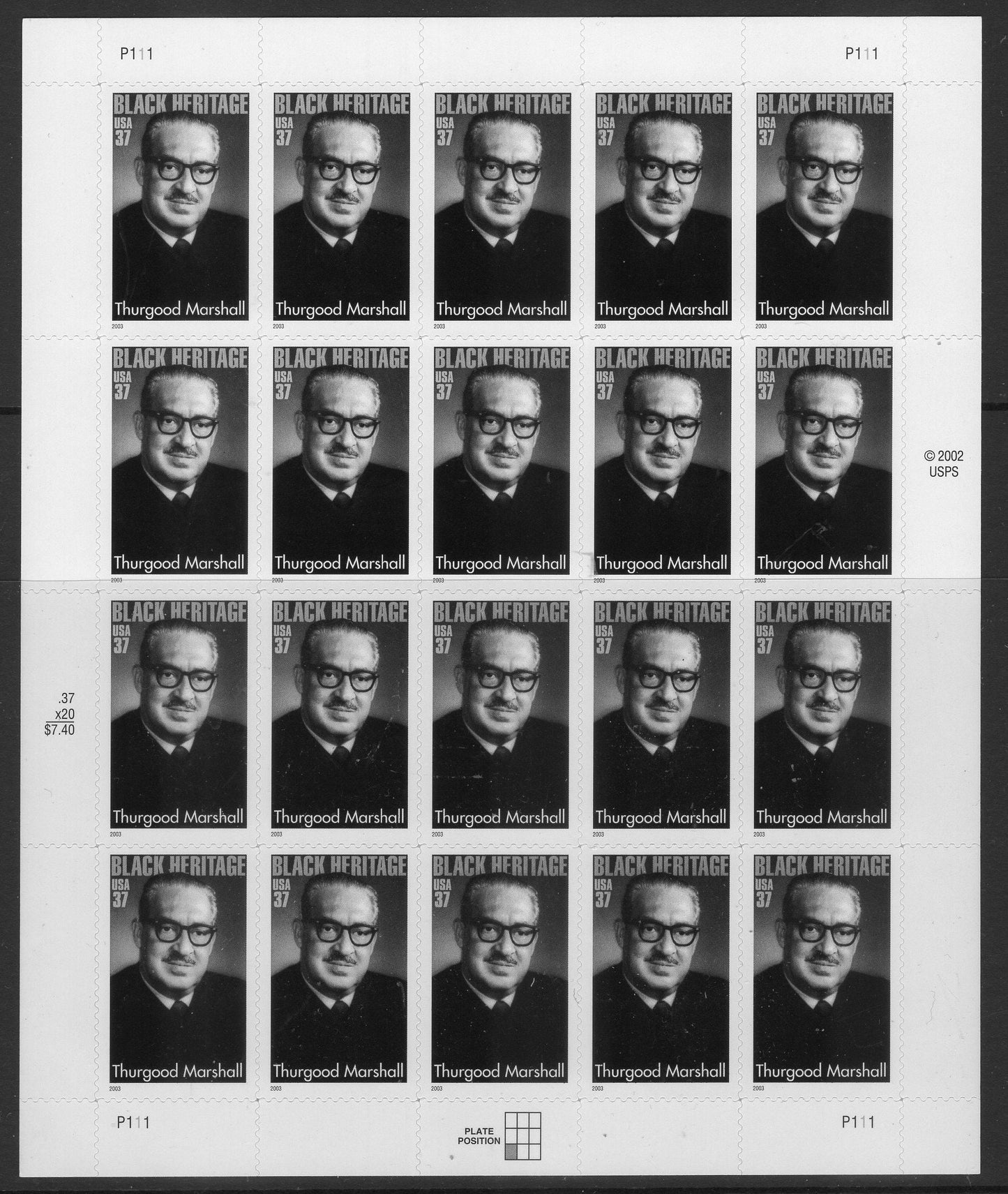 THURGOOD MARSHALL First Black Supreme Court Justice Sheet of 20 Stamps Mint NAACP Legal Heritage - Issued in 2003 s3746 -