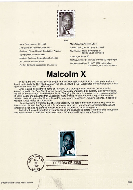 MALCOLM X Civil Rights Activist Black Heritage Official USPS Souvenir Page Stamp First Day + Text - Issued in 1999 - s3273 -