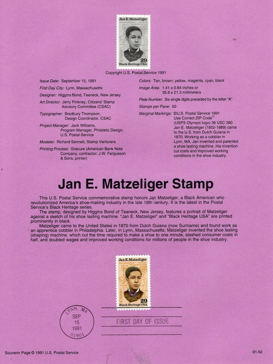 JAN MATZELIGER Inventor Black Heritage Official USPS Souvenir Page Stamp with First Day Cancel Text - Issued in 1991 - s2567-