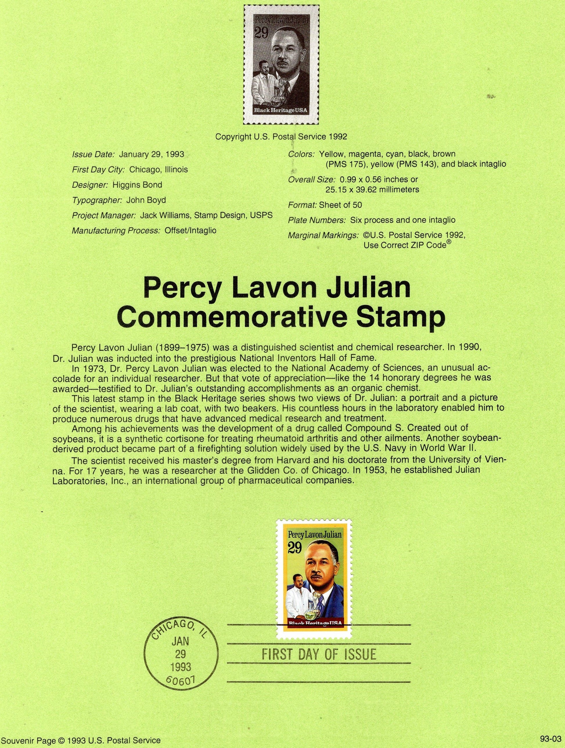 PERCY JULIAN Chemist Black Heritage Official USPS Souvenir Page Stamp with First Day Cancel Text - Issued in 1993 - s2746 -