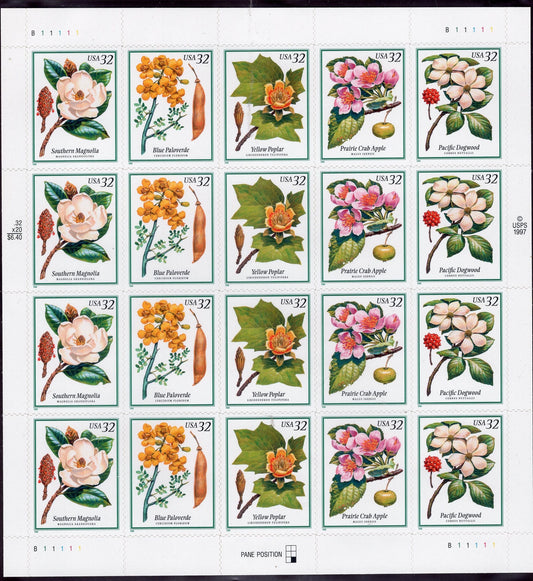 FLOWERING TREES Strips or Sheets Weddings Magnolia Dogwood Apple Poplar 32c Self-adhesive Bright Fresh - Issued in 1998 - S# 3193-