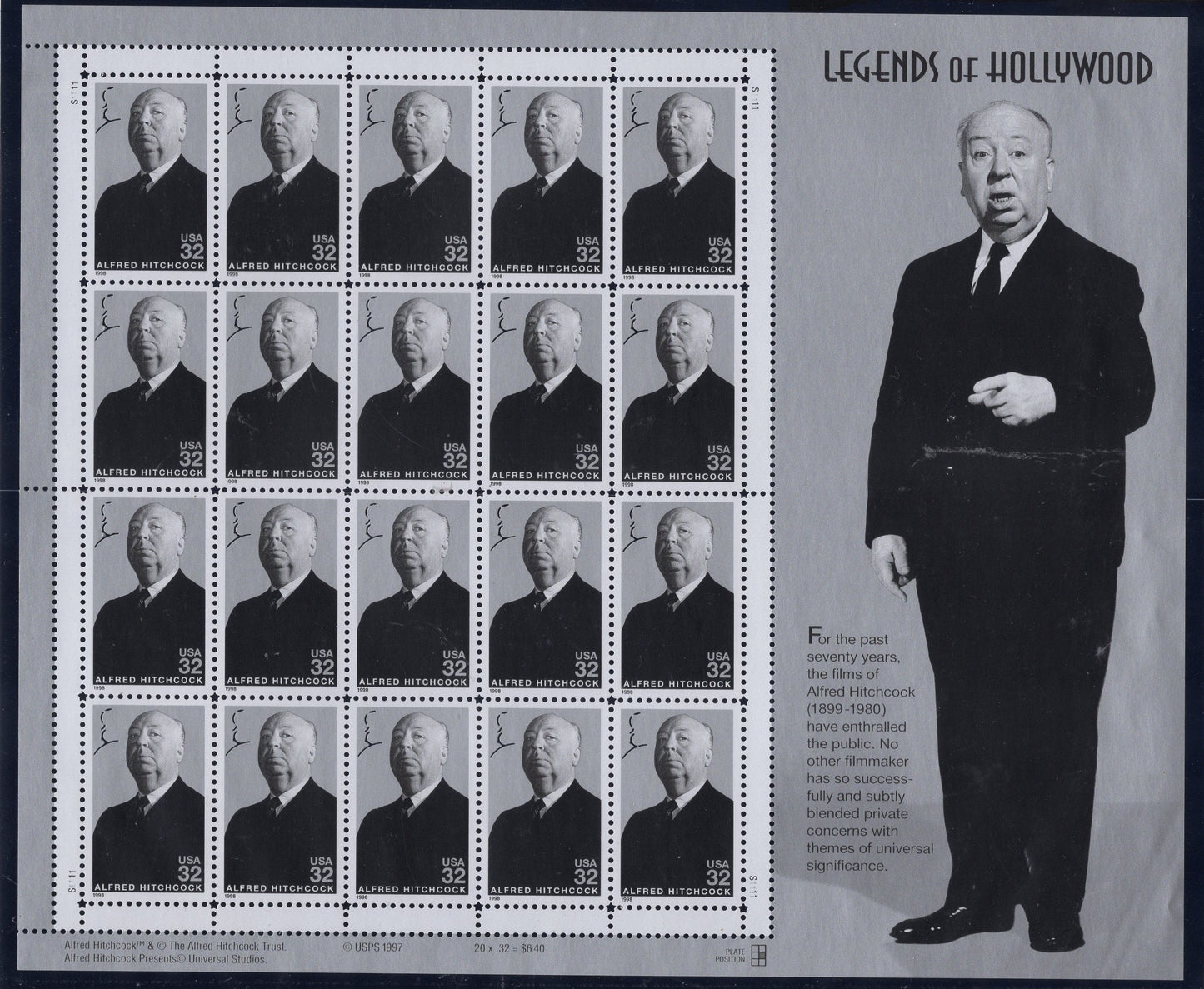 ALFRED HITCHCOCK Cinema Legend of HOLLYWOOD Decorative Sheet of 20 32c Stamps - Bright Fresh - Issued in 1998 - s3226 s -