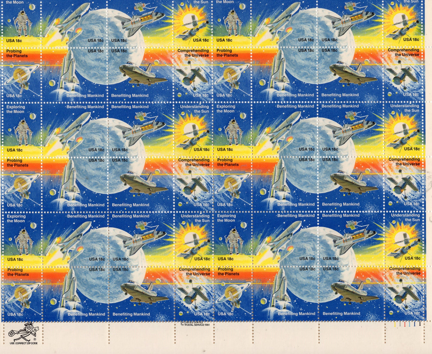SPACE ACHIEVEMENTS Sheet of 48 Stamps Moon Walk Shuttle Skylab Moon Pioneer - Bright Fresh - Issued in 1981 - s1912 Sh -