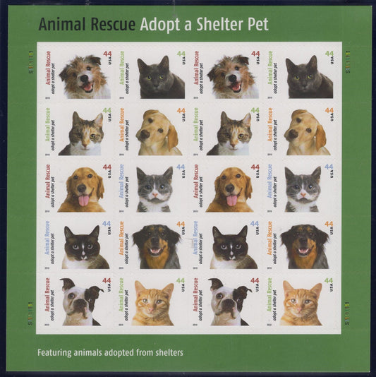 ANIMAL PET RESCUE Cats Dogs Adopt Adoption Decorative Sheet of 20 44c Stamps - Issued in 2010 - s4451 B -